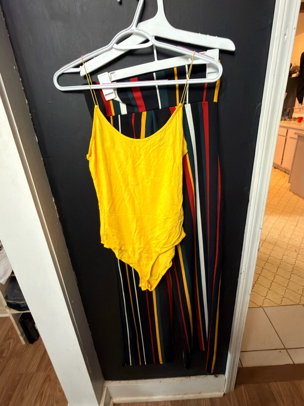 Fashion Nova Yellow Bodysuit with Black Multi-Stripe Wide-Leg Pants